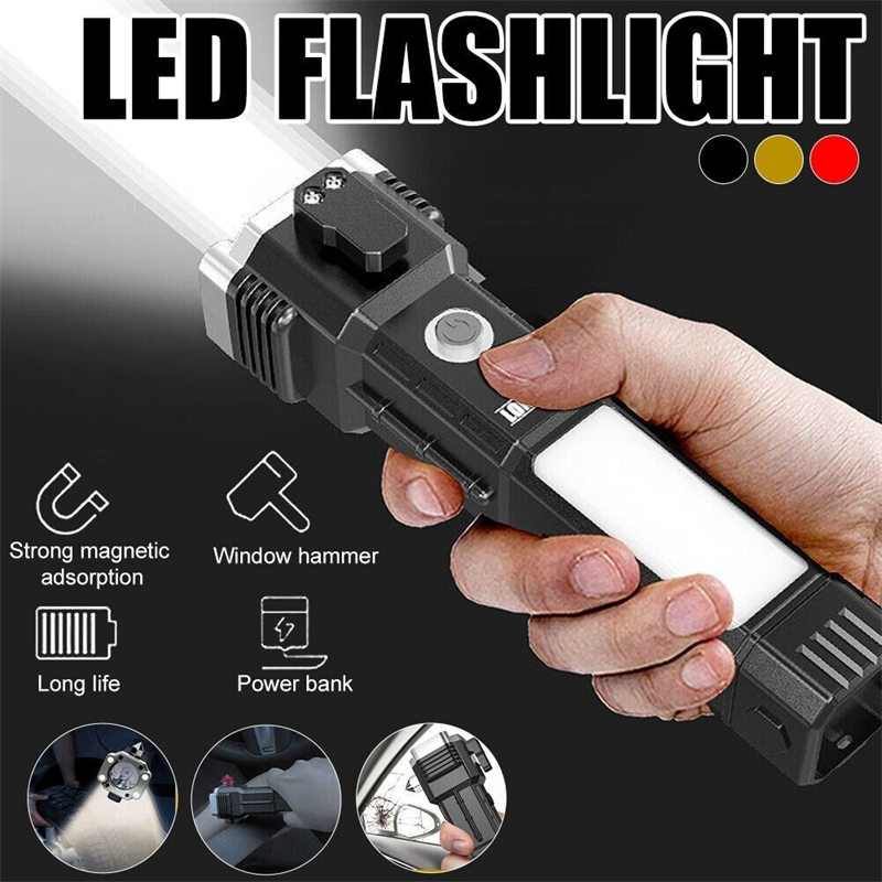 Multifunctional LED Flashlight Portable Rechargeable Lantern Torches With Safety Hammer Strong Magnet Side Light for Outdoor Working Emergency Lighting