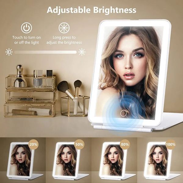Miroir cosmétique pliant LED avec lampe Miroir plat rechargeable Miroir de maquillage pliant des deux côtés 240326