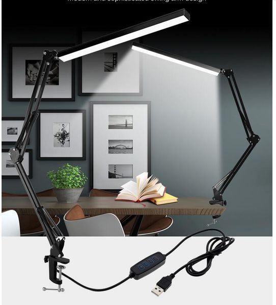 Lampe de bureau en métal pliante à LED Clip sur pince à lumière Lampe de table de gradation à bras long 3 couleurs réglables pour les ordinateurs de lecture de salon