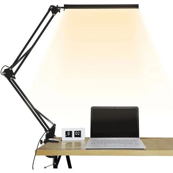 LED lampe de bureau pliante en métal pince sur pince de lumière bras long table de gradation 3 couleurs réglables pour les ordinateurs de lecture de salon 240125