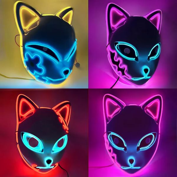 LED Glowing Cat Masque Visage Cool Cosplay Neon Demon Slayer Fox Masques Pour Cadeau D'anniversaire Carnaval Fête Mascarade Halloween FY7944 ss0111