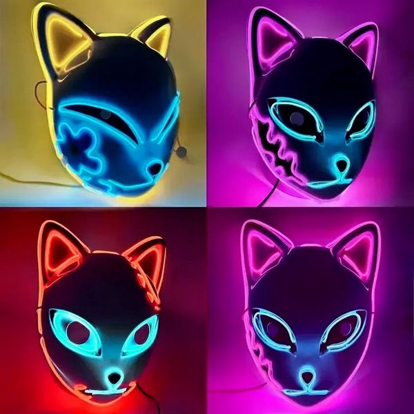 LED Glowing Cat Face Masque Party Décoration Cool Cosplay Neon Demon Slayer Fox Masques pour cadeau d'anniversaire Carnaval Party Mascarade 0913