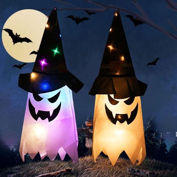 LED Halloween Décoration Clignotant Gypsophila Ghost Festival Dress Up Glowing Wizard Ghost Hat Lampe Décor Lanterne Suspendue GCB15934