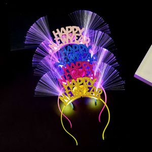 Diadema Led de Feliz Año Nuevo, aro de pelo de fibra óptica iluminado, tocado brillante para fiesta, decoraciones de Año Nuevo para vacaciones LX89