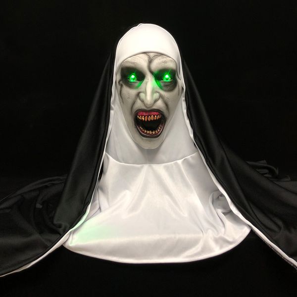 LED Horror The Nun Mask Cosplay Masques effrayants en latex avec foulard Led Light Halloween Party Props Deluxe