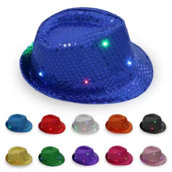 LED Jazz Chapeaux Clignotant Light Up LED Fedora Trilby Paillettes Caps Déguisement Dance Party Chapeaux Unisexe Hip Hop Lampe Chapeau Lumineux FY3870 ss0325