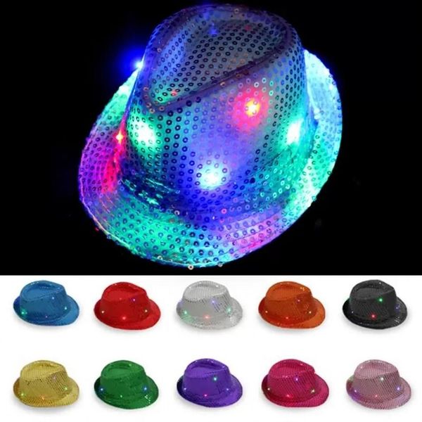 Chapeaux de jazz LED clignotant la lumière LED Fedora Trilby Sequins Caps de fantaisie Dangle Dance Party Party Unisexe Hip Hop Lampe lumineuse RRB15726