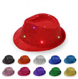 LED Jazz Hoeden Stage performance Feesthoeden Knipperlicht Pailletten Cap Unisex Hiphop Lamp Lichtgevende Caps df243