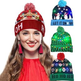 LED Knit Christmas Hats Beanie Light Up Illuminate Warm Hat For Kid Adults New Year Xmas Decoration Cap Wholesale EE