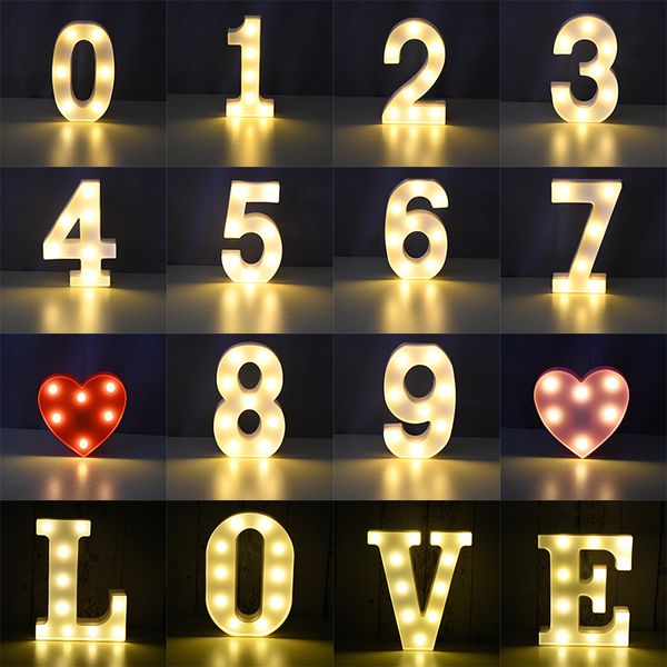 LED lettre Veilleuse Alphabet Numéro Coeur En Plastique LED Lumières pour Mariage Saint Valentin Ornement Fête D'anniversaire DIY Décoration 22CM D2.0