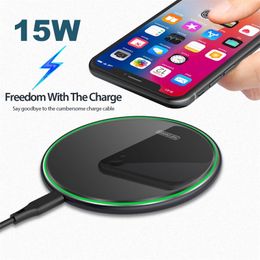 LED -licht 15W Wireless Charger voor mobiele telefoon Ronde spiegeloppervlak snel lading voor Samsung S23 S22 iPhone 14 13 Pro Max Charge Pad Dock Station Retail Box