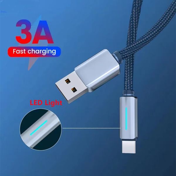 Luz LED 3A USB C Cable de carga rápida USB A tipo C Cable de datos de carga rápida para Samsung S24 Xaiomi LG Cable cargador Android