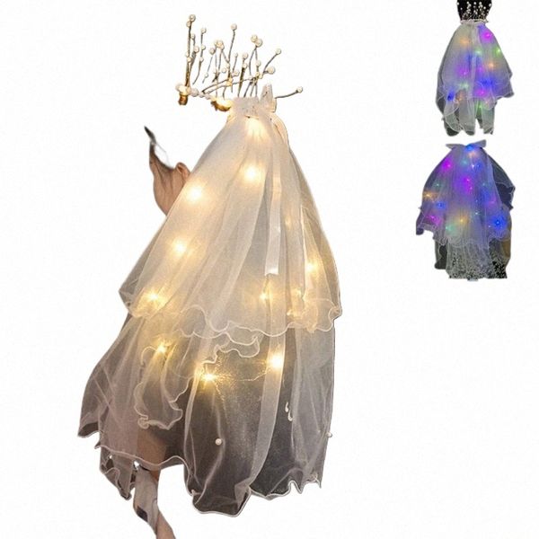 Velo de boda nupcial de luz de luz LED con perlas/coronas tiara velo para photoshop accesorios para la fiesta de la fiesta decoración k69a#