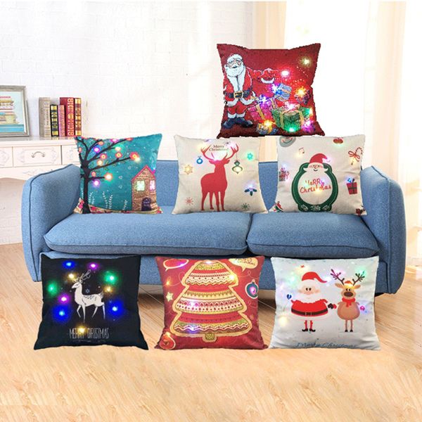 Luz LED Funda de cojín XMAS Santa Claus Reno Funda de almohada Fundas de almohadas luminosas Decoración del hogar de Navidad 7 estilos LXL596