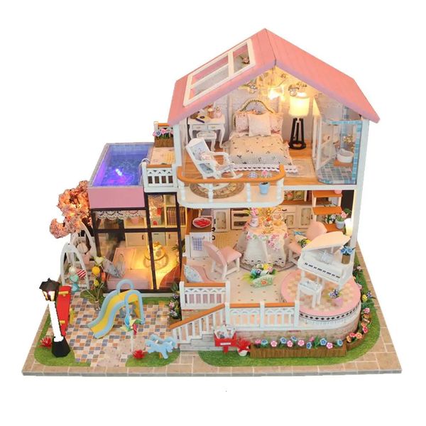 LED Light Doll House Miniature Diy Dollhouse Handmad Furnitures en bois Femuez jouet jouet pour enfants Gift d'anniversaire 240223