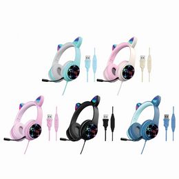 LED-lichtgevende kattenoren Dubbele micro-geluidskaart USB Esports Video Gaming Headset Leren oortelefoon Bedrade hoofdtelefoon