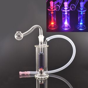 Bong de brûleur à mazout en verre à lumière LED avec cage à oiseaux matricielle Perc Clear Heady Recycler Dab Rigs Conduites d'eau à main avec tuyau et tuyau de brûleur à mazout en verre mâle de 10 mm