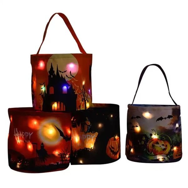 Cesta de cubo de dulces de Halloween con luz LED, bolsas de regalo para trucos, bolsa de mano reutilizable, cestas de regalo de dulces de calabaza con asa para llevar para suministros de fiesta para niños