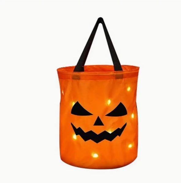 Cubo de truco o trato de Halloween con luz LED, bolsas de dulces de calabaza, cesta plegable de Halloween para fiesta de Acción de Gracias, cesta de regalo, decoraciones de Halloween