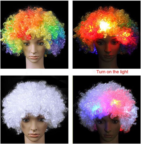 Lumière LED Couvre-chef Flash Explosion Tête Perruque Prom Clown Clown Fans Carnaval Perruque chapeau chapeau Ventilateur Couvre-chef Adulte Enfant Cheveux Bouclés accessoires de fête