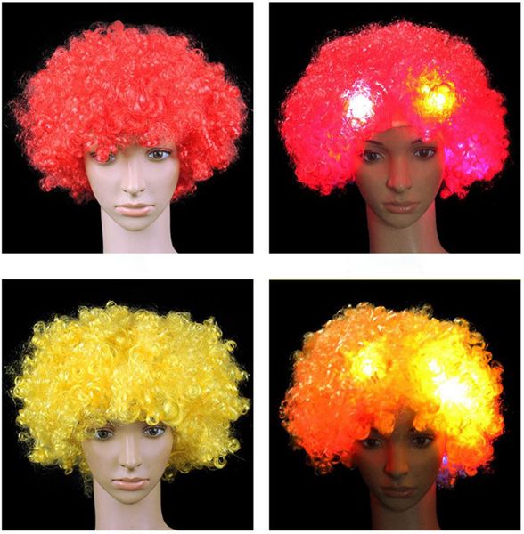 LED Lumière Couvre-chef Flash Explosion Tête Perruque Prom Clown Clown Fans Carnaval Perruque chapeau chapeau Ventilateur Couvre-chef Adulte Enfant Cheveux Bouclés accessoires de fête cadeaux