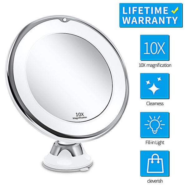 Miroir de maquillage à lumière LED Miroirs grossissants 10X avec LED Outils cosmétiques portables Ventouse Miroirs rotatifs à 360 degrés