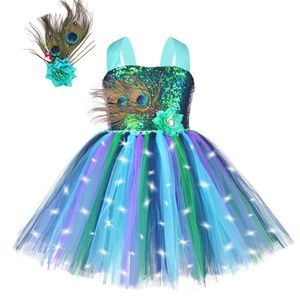 LED -licht pauw kostuum voor meisjes pailletten bloem veren tutu jurk voor kinderen halloween jaar outfit verjaardagsfeestjes kleding 240429