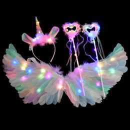 LED Light Sticks Angel Feather Wings Glow Up Lichtgevende Eenhoorn Halo Hoofdband Fairy Stick Kids Cosplay Party Kostuum Benodigdheden 230728