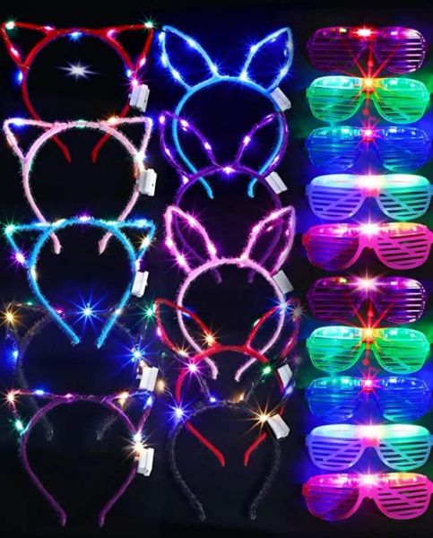 Gafas con luz LED Conejo Oreja de gato Corona Diadema Suministros para fiestas de neón Mardi Gras Persianas brillantes Gafas Decoraciones para bodas y cumpleaños BJ