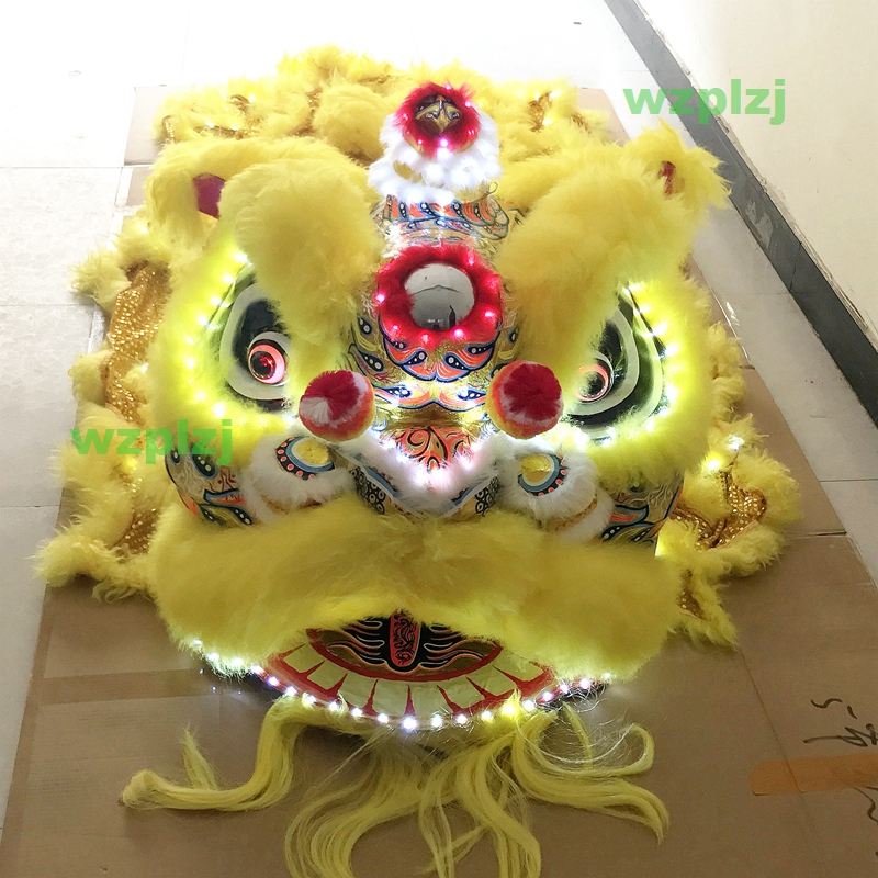 Led Licht Geel Zuidelijke Leeuwendans Kostuum wol Volwassen grootte Chinese Folk mascotte kostuum Halloween Kerst Club Chinese folk party evenement Carnaval kostuum