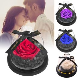 Fleur de rose artificielle éclairée par LED dans un dôme de verre Beauté et bête Rose Éternelle Rose Lampe de nuit Cadeau d'anniversaire de mariage pour elle 210317