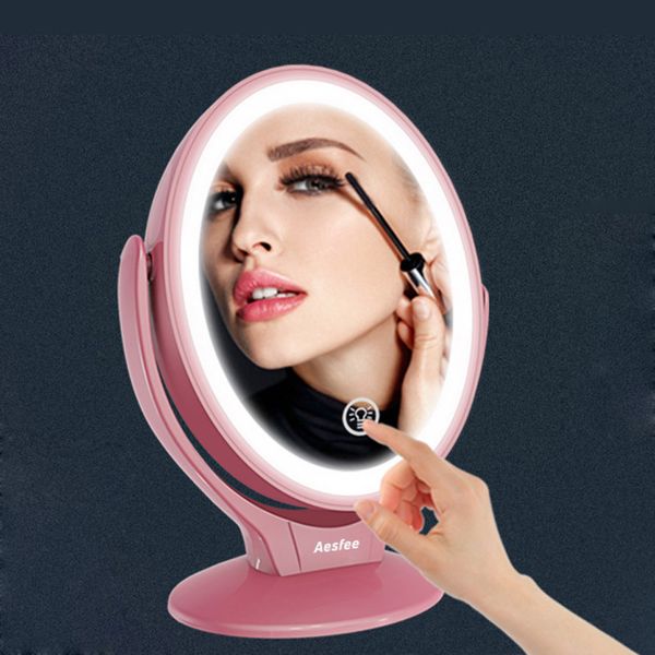 Miroir de courtoisie de maquillage éclairé par LED rechargeable, grossissement 1x/7x, miroir grossissant double face pivotant à 360 degrés avec écran tactile à intensité variable, ovale rose Aesfee