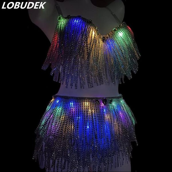 Éclairage LED Vêtements de Danse Sexy Bar Rave Party Argent Glands Franges LED Bikini 2 Pièces Tenue Discothèque Chanteur Danseur Costume183Q