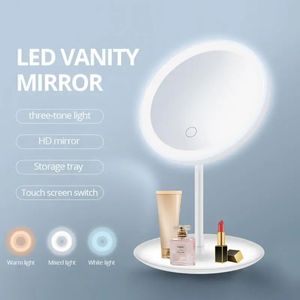 Miroir de maquillage d'éclairage LED avec châssis de stockage Trois modes de commande de lumière détachable protable miroir cosmétique outil de soins de la peau 240416