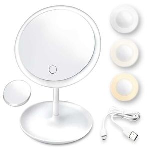 Miroir de maquillage LED avec lampe lumineuse avec stockage éclairage bureau rotatif cosmétique réglable gradation USB vanité