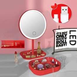 LED -make -upspiegels met Lights 5x vergrotende draagbare ronde Ronde Desktop Vanity Mirror Up Smart Cosmetics Tool