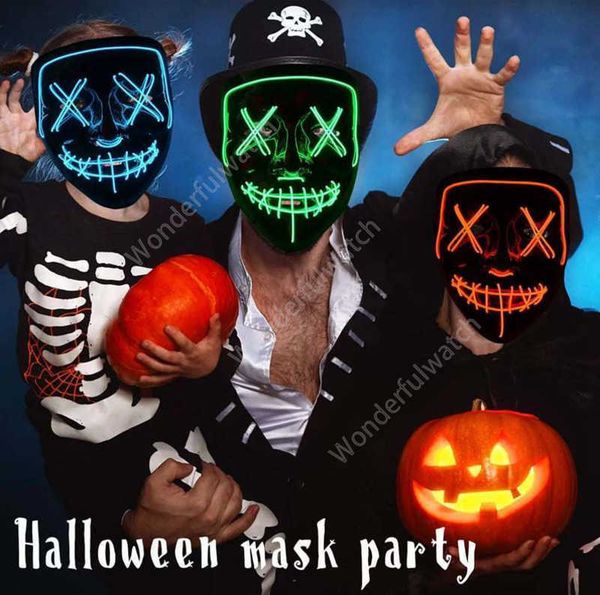 Masque LED Masque de fête d'Halloween Masques de mascarade Masques au néon Lueur lumineuse dans le masque d'horreur sombre Masque rougeoyant Masque de couleur mixte 200pcs DAW494