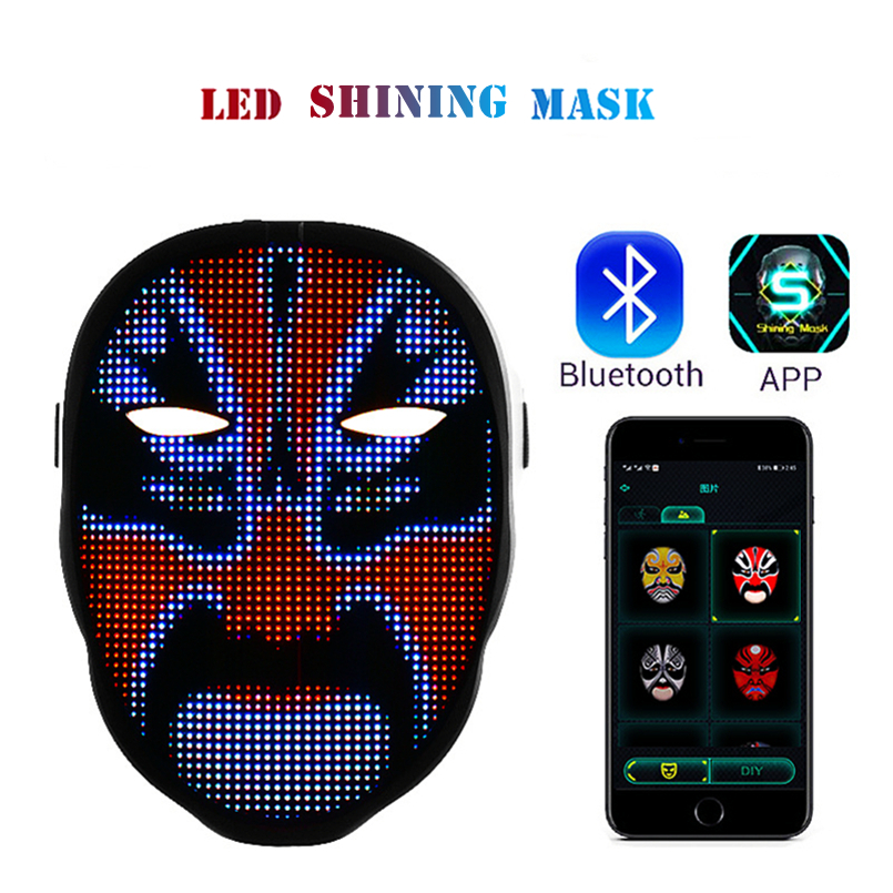 LED -mask med Bluetooth -programmerbar app, lysande LED -lysande ansiktsmask för vuxna barn Halloween Masquerade Party Battery Powered DJ