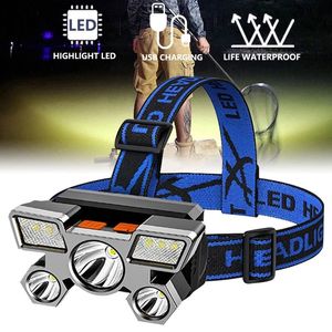 Lámpara LED para minas, luz Flash, faros delanteros de cinco cabezas, luz fuerte, luces de pesca recargables superbrillantes, de largo alcance, montadas en la cabeza