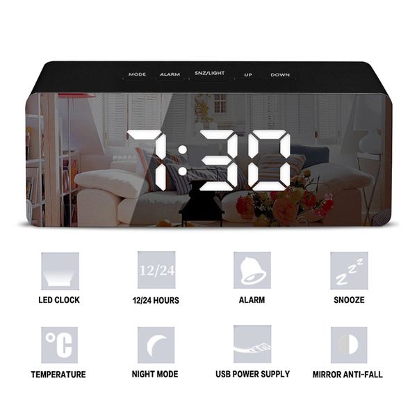 Led Miroir Réveil Numérique Snooze Table Horloge Avec Thermomètre USB Rechargeable Grand Affichage Électronique Multifonction 201119