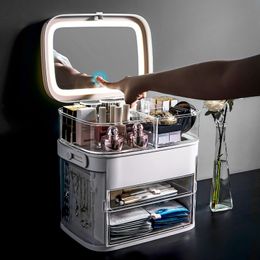 Miroir LED Organisateur cosmétique de maquillage portable Boîte de rangement Boîte à bijoux Grand maquillage Rouge de salle de bains de salle de bains C0116