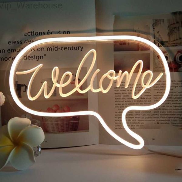 Led Néons Bienvenue Bonjour Néon Signe Lumière Mur Chambre Décor Réglable Veilleuse Transparent Acrylique Fête De Mariage Décor HKD230825