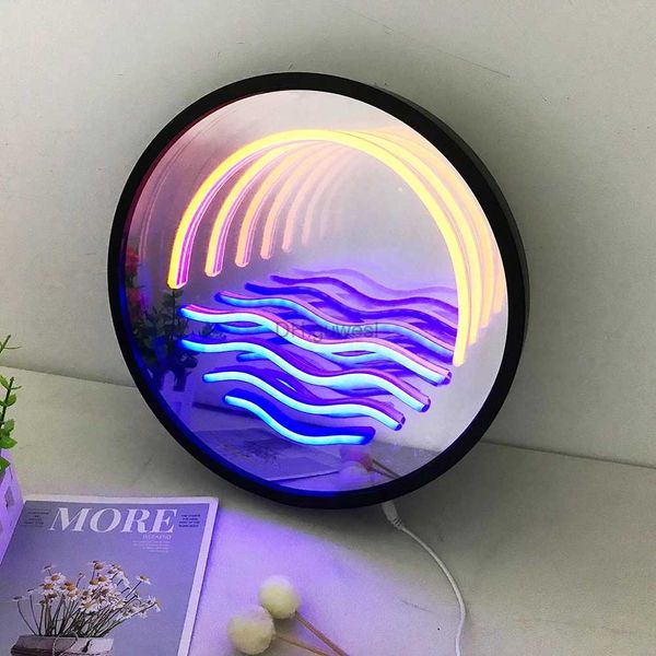 Letrero de neón LED 3D Espejo infinito mágico Amanecer de múltiples capas LED Neón Maquillaje Espejo Letrero Decoración de la habitación del hogar Luces Lámpara de noche Regalos personalizados YQ240126