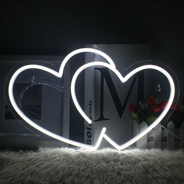 Letrero de neón LED Doble amor Letrero de neón Luz LED Luminoso Boda Habitación occidental Tienda Hogar Personalidad Corazón Decoración Lámpara R230613