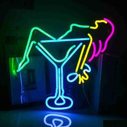 Led Neon Sign Light Femme Verre À Vin Bar Maison Chambre Mariage Esthétique Chambre Anniversaire Indice Décorer USB R230613 Livraison Directe Lumières Dhilb