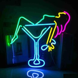  LED Letrero de neón Luz Mujer Copa de vino Bar Hogar Dormitorio Boda Estética Habitación Cumpleaños Pista Decorar USB R230613 Luces de entrega de gotas Dhilb