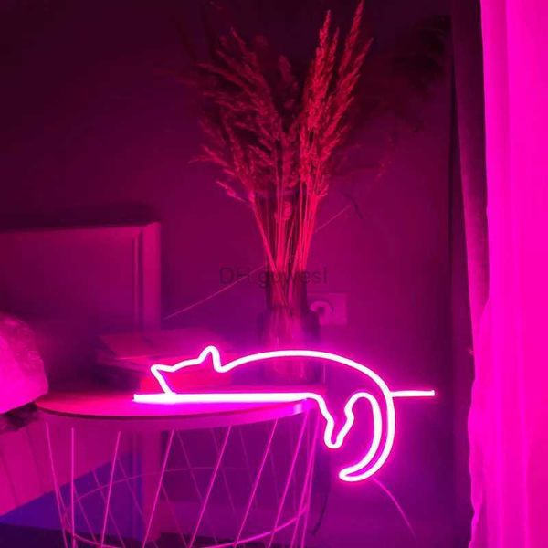 LED-neonbord Lovely Lazy Cat Led-neonlicht Animatiekunst Flexibel acrylbord Kat Koffie Kinderkamer Binnenmuur Hanglampbord YQ240126
