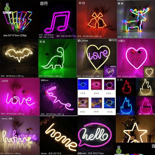 LED Neon Sign MTI Styles Panneaux lumineux Lampe de décoration murale Rainbow Batterie ou USB Table à piles Veilleuses pour filles Enfants Chambre de bébé Dhq0B