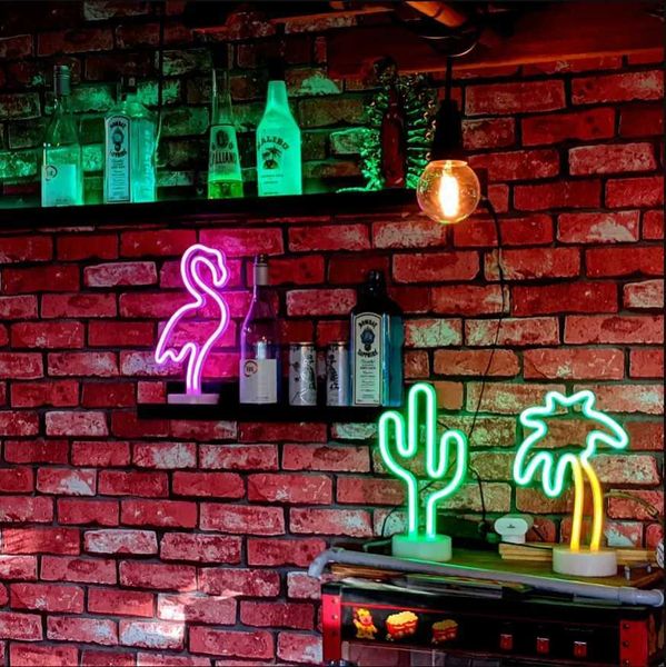 Letrero de neón LED Luces de neón del arco iris USB / Alimentación de batería Flamingo Cactus Bombilla LED 12 V Letrero de neón flexible Lámpara de noche Mesa de Navidad Decoración del dormitorio YQ231201