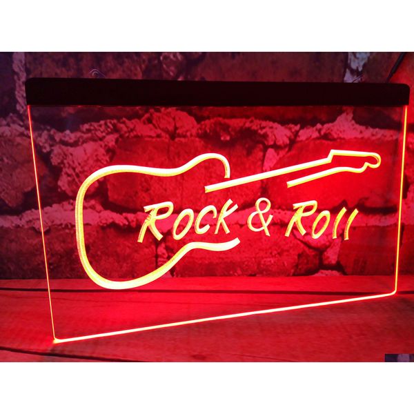 Led Neon Sign Rock and Roll Guitarra Música Cerveza Bar Pub Club Letreros 3D Luz Decoración para el hogar Artesanía Gota Entrega Luces Iluminación Vacaciones Dhxun